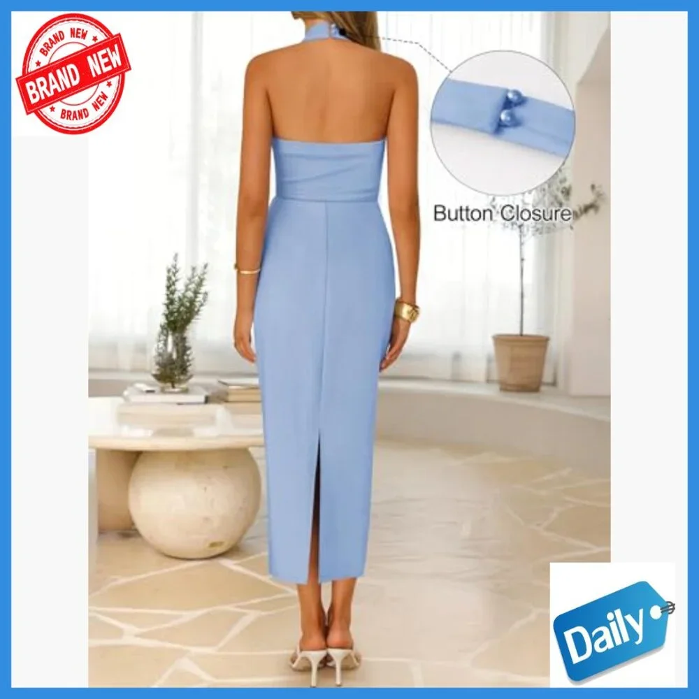 Sleeveless Halter Midi Dress Bodycon Backless Cocktail Wedding Guest - Picture 5 of 7